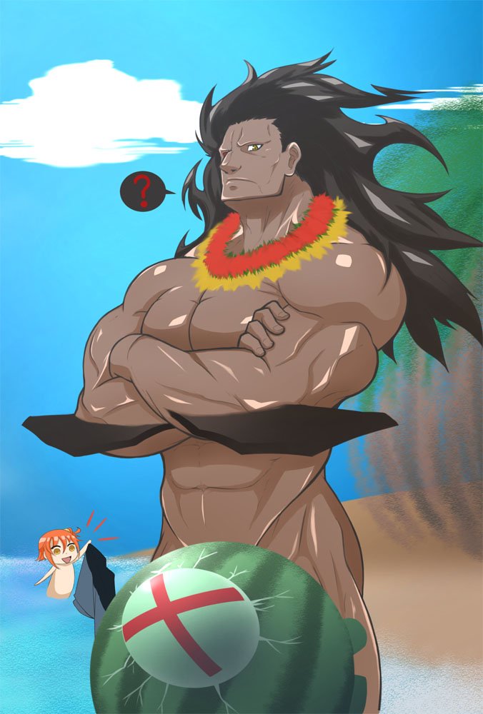 1boy, 1girl, ?, abs, bara, bare_pectorals, beach, black_hair, black_skin, blurry, blurry_background, chibi, colored_skin, convenient_censoring, cowboy_shot, crossed_arms, fate/grand_order, fate/stay_night, fate_(series), food, fruit, fujimaru_ritsuka_(female), heracles_(fate), heracles_(formal_dress)_(fate), karakuraax, large_pectorals, long_hair, looking_at_viewer, male_focus, muscular, nipples, pectorals, riyo_(lyomsnpmp)_(style), shiny_skin, spoken_question_mark, thighs, veins, watermelon, yellow_eyes