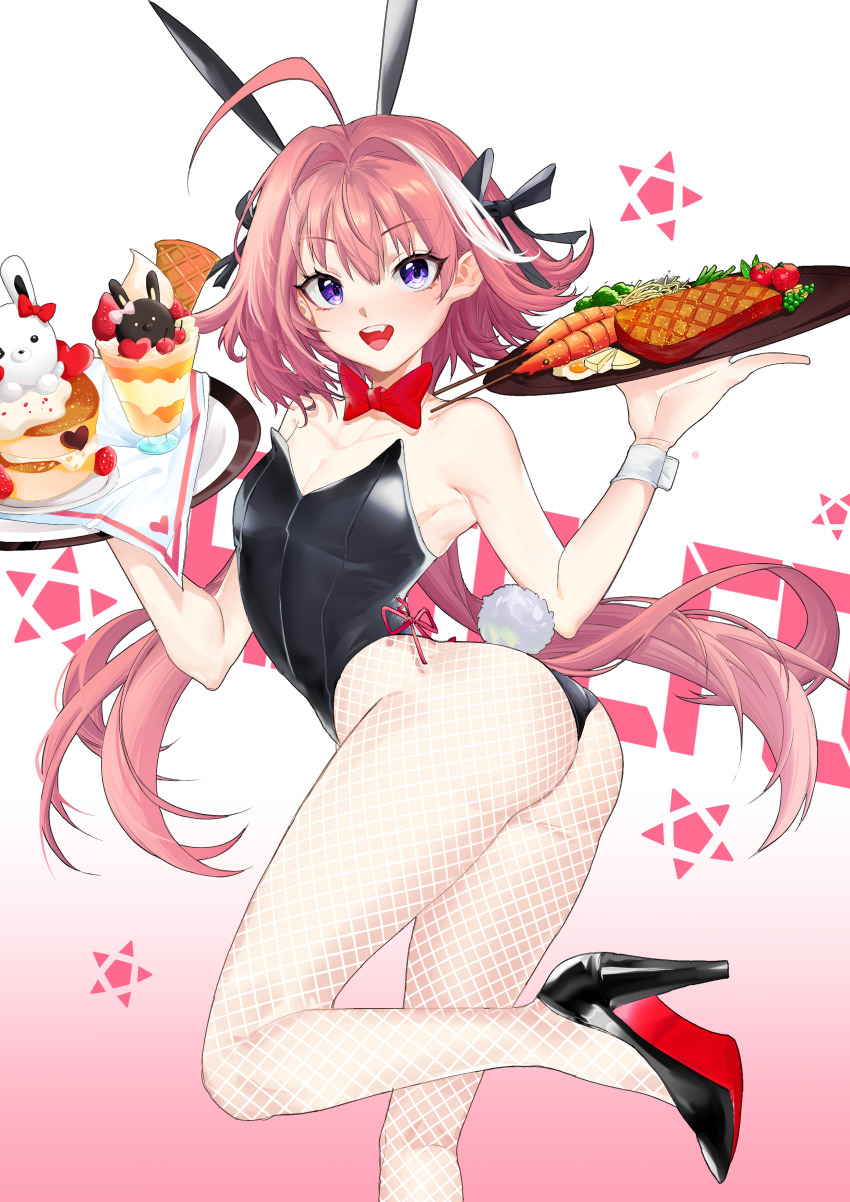 1boy, absurdres, ahoge, animal_ears, ass, astolfo_(fate), astolfo_(saber)_(fate), bare_shoulders, black_bow, blush, bow, fake_animal_ears, fang, fate/grand_order, fate_(series), food, hair_intakes, happy, high_heels, highres, leotard, long_braid, long_hair, looking_at_viewer, male_focus, male_playboy_bunny, multicolored_hair, open_mouth, pantyhose, phanta, pink_hair, plate, playboy_bunny, purple_eyes, rabbit_ears, rabbit_tail, skirt, smile, solo, strapless, strapless_leotard, streaked_hair, tail, trap, twintails, white_hair, wrist_cuffs