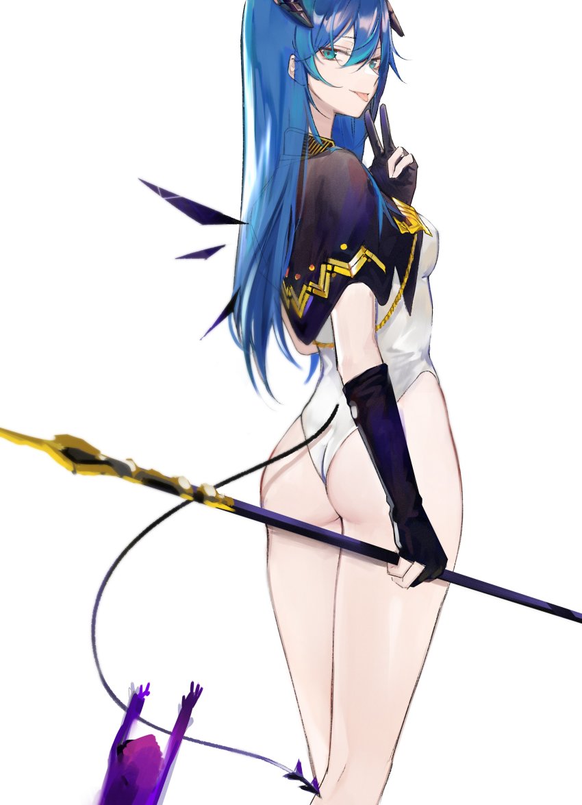 1girl, absurdres, adapted_costume, aiguillette, arknights, ass, bad_id, bad_twitter_id, bare_legs, bea_(12424_24), black_capelet, black_gloves, blue_eyes, blue_hair, breasts, capelet, closed_mouth, commentary, cowboy_shot, demon_horns, demon_tail, detached_wings, elbow_gloves, english_commentary, fingerless_gloves, from_side, gloves, hair_between_eyes, highres, holding, holding_staff, horns, leotard, long_hair, looking_at_viewer, medium_breasts, mostima_(arknights), mostima_(spellbreaker)_(arknights), official_alternate_costume, profile, simple_background, solo, staff, straight_hair, tail, thighs, tongue, tongue_out, v, white_background, white_leotard, wings
