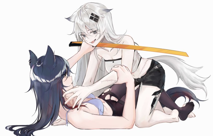 2girls, absurdres, animal_ears, arknights, bad_id, bad_twitter_id, bare_legs, bare_shoulders