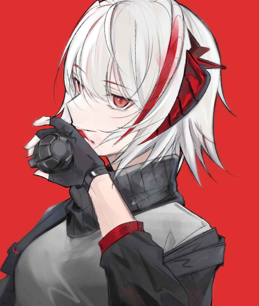 1girl, arknights, bad_id, bad_twitter_id, bea_(12424_24), black_gloves, black_jacket, blood
