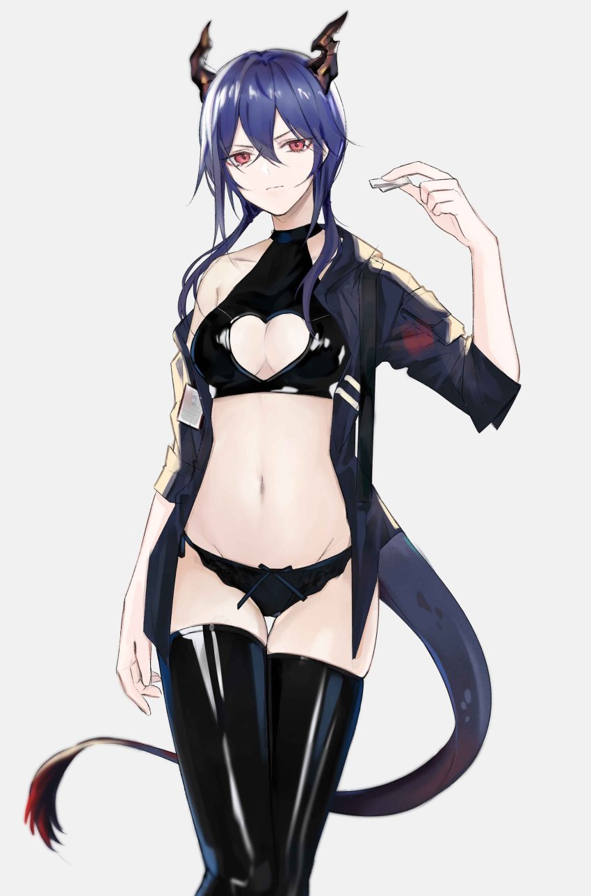 1girl, absurdres, alternate_costume, arknights, bad_id, bad_twitter_id, bea_(12424_24), black_panties, black_thighhighs, blue_hair, blue_jacket, breasts, ch'en_(arknights), cleavage, cleavage_cutout, closed_mouth, clothing_cutout, commentary, commission, cowboy_shot, crop_top, dragon_horns, dragon_tail, english_commentary, grey_background, groin, hair_between_eyes, heart_cutout, highres, horns, jacket, leather, looking_at_viewer, medium_breasts, midriff, navel, off_shoulder, open_clothes, open_jacket, panties, red_eyes, shiny_clothes, simple_background, skindentation, solo, tail, thigh_gap, thighhighs, thighs, twintails, underwear
