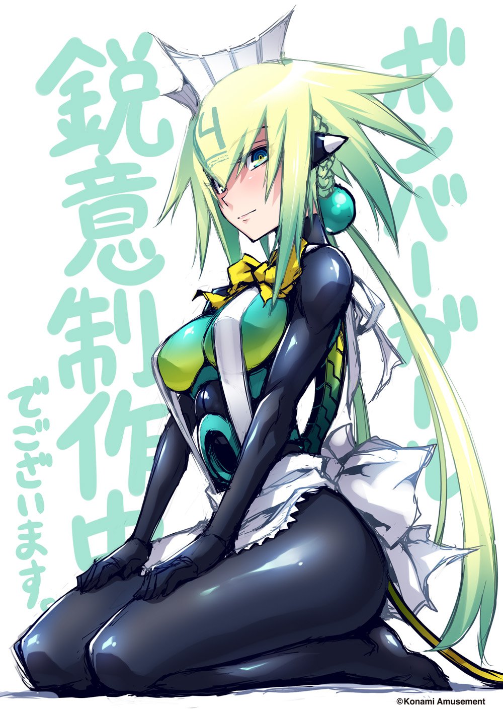 1girl, apron, black_bodysuit, blush, bodysuit, bombergirl, bombergirl_official, bow