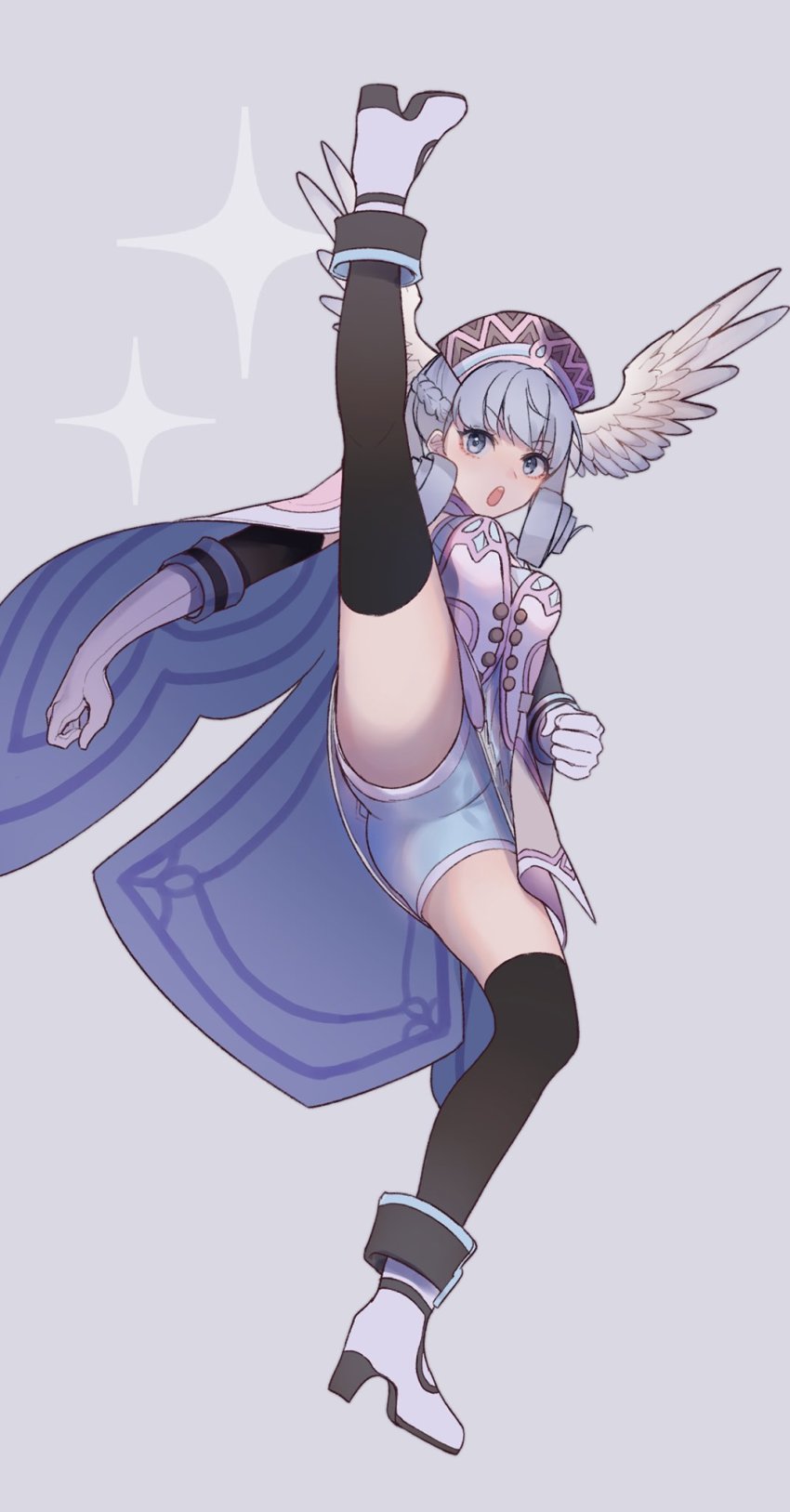 1girl, :o, black_thighhighs, breasts, cape, dress, flying_kick, full_body