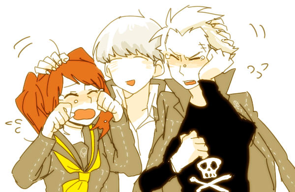 1girl, 2boys, atlus, bad_id, bad_pixiv_id, blush, chanko_neru, crying