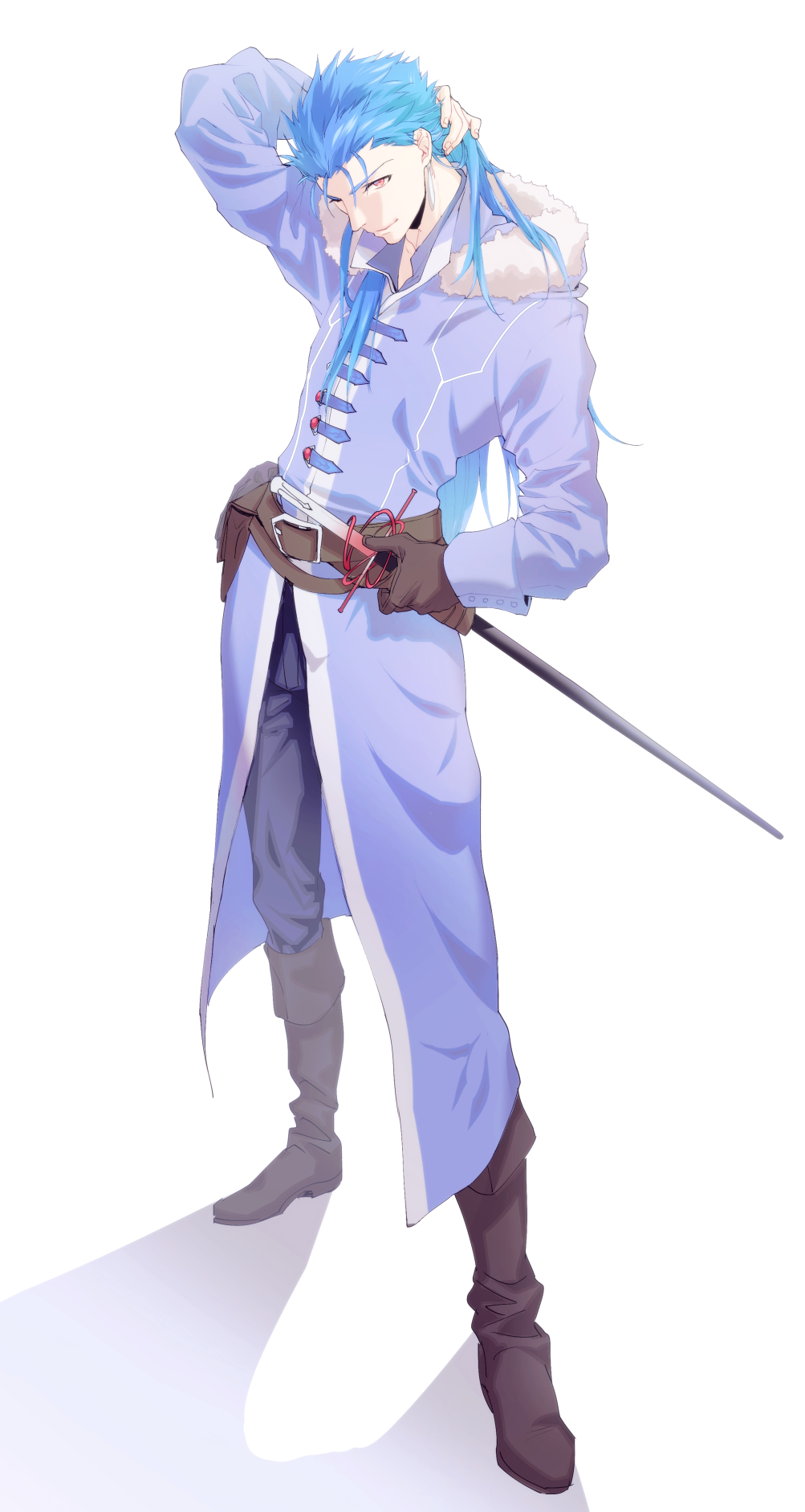 1boy, alternate_costume, alternate_weapon, arm_behind_head, bag, belt, blue_hair, boots, buttons, coat, cu_chulainn_(caster)_(fate), cu_chulainn_(caster)_(the_musketeers)_(fate), cu_chulainn_(fate), earrings, fate/grand_order, fate_(series), full_body, fur-trimmed_hood, fur_trim, gloves, highres, hood, hooded_coat, jewelry, long_hair, male_focus, namo, overcoat, pants, rapier, red_eyes, simple_background, sleeve_cuffs, smile, solo, sword, type-moon, weapon, white_background
