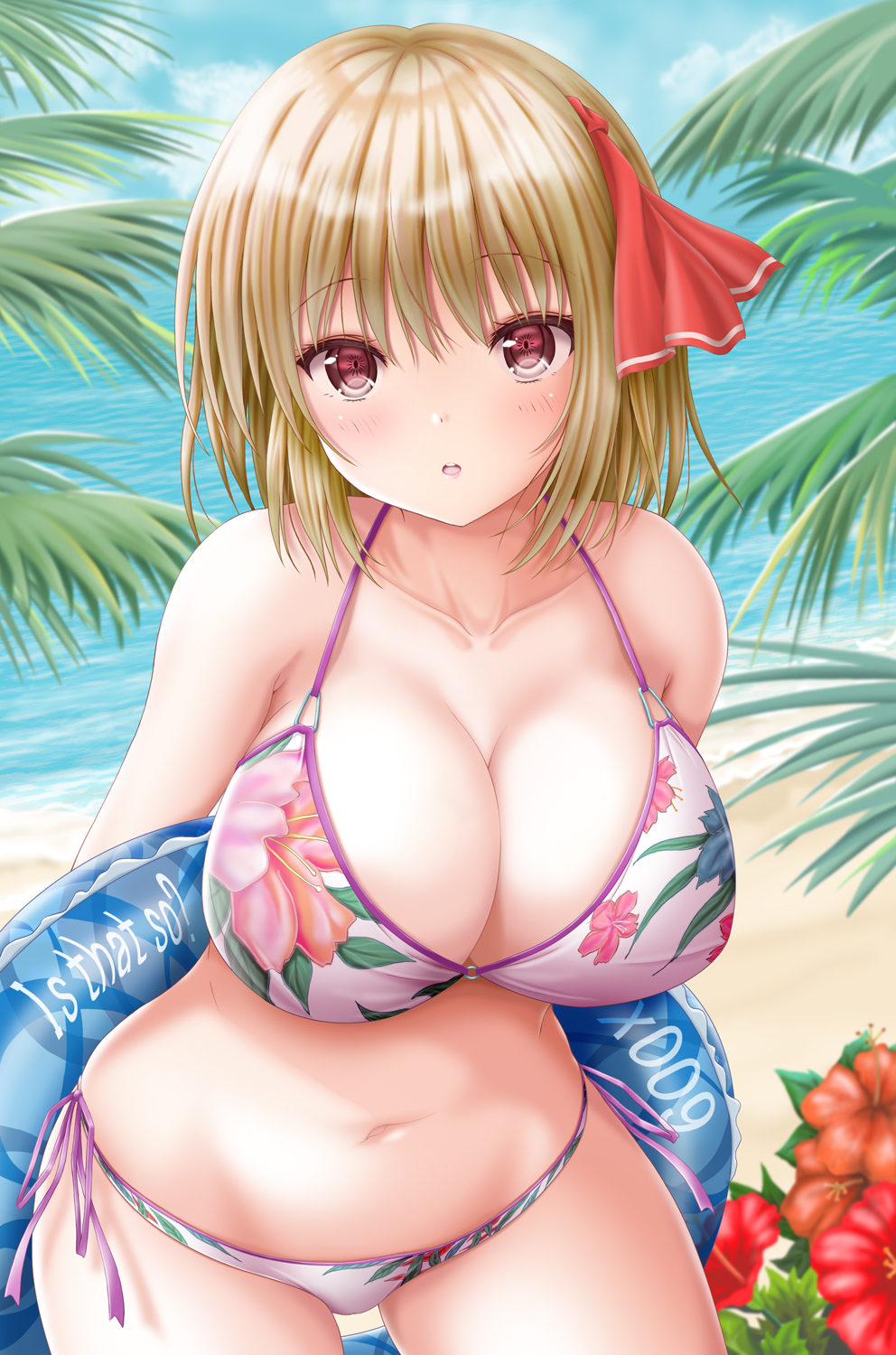 1girl, :o, aged_up, akino_irori, arms_behind_back, beach, bikini, blonde_hair