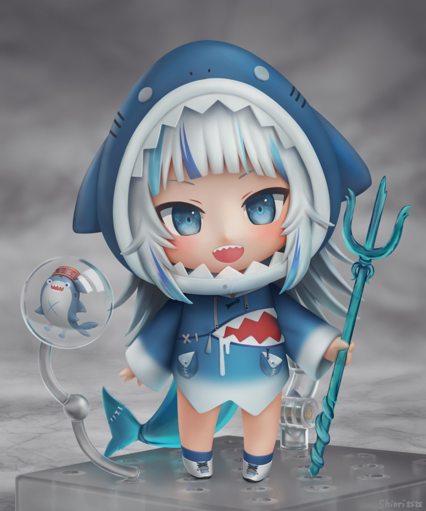 1girl, absurdres, animal_costume, animal_hood, bloop_(gawr_gura), blue_eyes, blue_hair, blue_hoodie