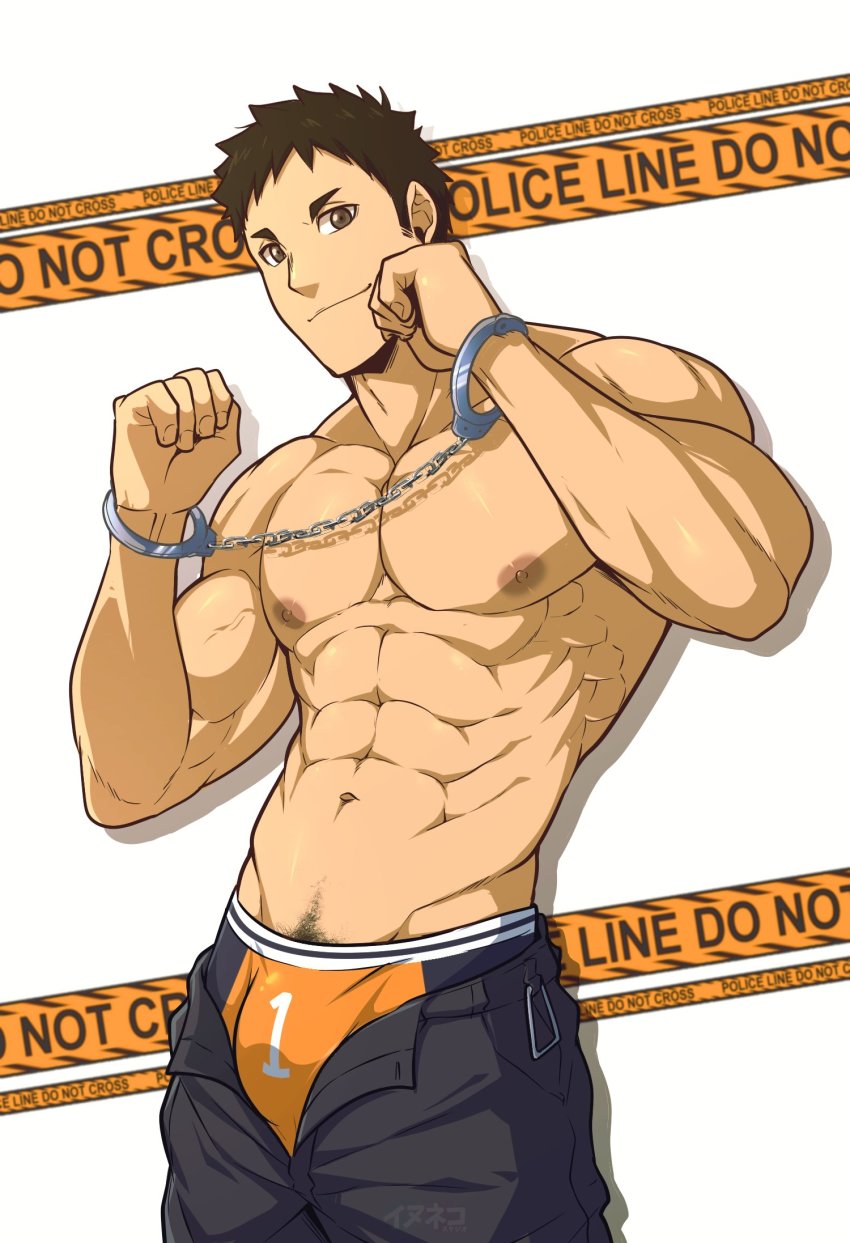 1boy, abs, bara, boxers, brown_eyes, brown_hair, bulge, cowboy_shot, cuffs, haikyuu!!, handcuffs, highres, inunekostudio, large_pectorals, looking_at_viewer, male_focus, male_underwear, muscular, navel, navel_hair, nipples, open_pants, pants, pectorals, sawamura_daichi, topless_male, short_hair, smile, solo, sportswear, underwear