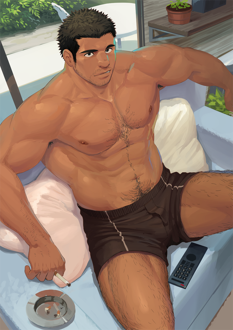 1boy, abs, bara, bare_pectorals, black_eyes, black_hair, body_hair, boxers