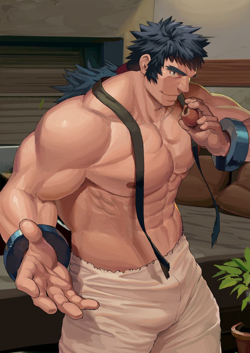 1boy, abs, absurdres, bara, blue_hair, bruno_(pokemon), bulge, cowboy_shot
