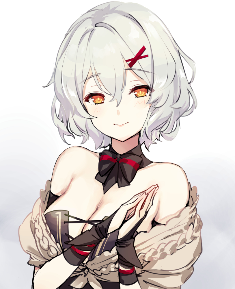 1girl, ash_arms, bare_shoulders, black_bow, black_bowtie, black_collar, black_dress, black_gloves