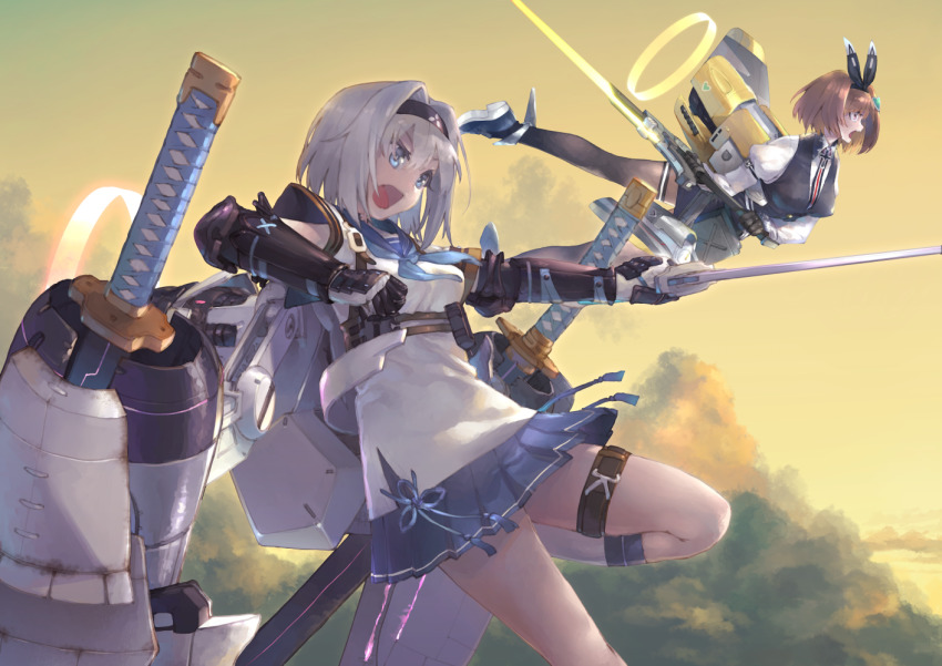 2girls, a6m_zero_(ash_arms), ammunition_box, arm_garter, ash_arms, bf_109_e4_(ash_arms), black_gloves, black_hairband