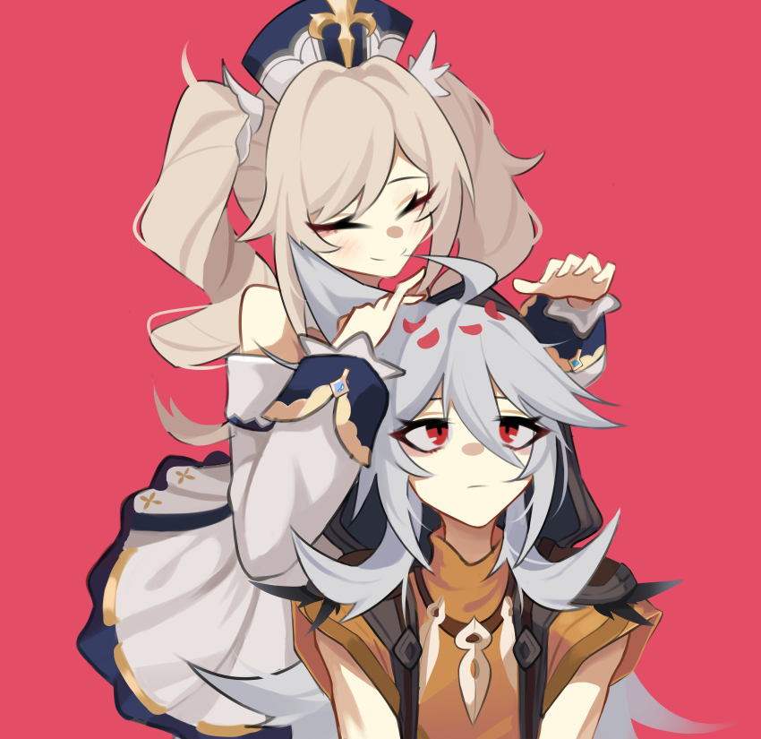 1boy, 1girl, ^_^, absurdres, barbara_(genshin_impact), closed_eyes, coat, commentary, cross, dress, drill_hair, english_commentary, eyes_visible_through_hair, genshin_impact, ghost_(tama), hair_between_eyes, highres, hood, hood_up, latin_cross, long_hair, long_sleeves, looking_at_another, no_scar, petals, pleated_dress, razor_(genshin_impact), red_background, red_eyes, ringlets, sidelocks, sleeveless, sleeveless_coat, smile, twin_drills, white_dress, white_hair, white_headwear, white_sleeves