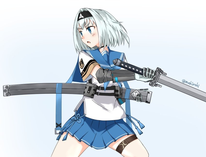 1girl, a6m_zero_(ash_arms), ash_arms, black_choker, black_gloves, black_hairband, blouse, blue_eyes