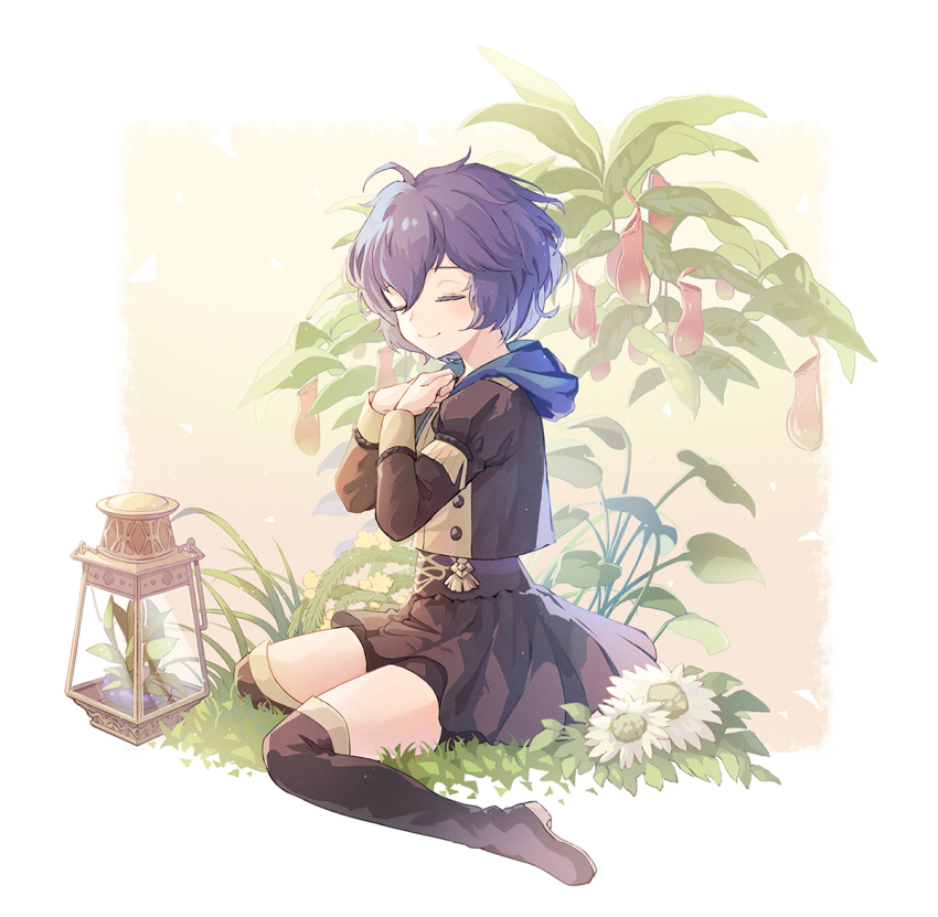 1girl, 23@5, bernadetta_von_varley, boots, closed_eyes, closed_mouth, fire_emblem, fire_emblem:_three_houses, flower, garreg_mach_monastery_uniform, high_heel_boots, high_heels, hood, hood_down, long_sleeves, nintendo, pitcher_plant, plant, purple_hair, short_hair, sitting, smile, solo
