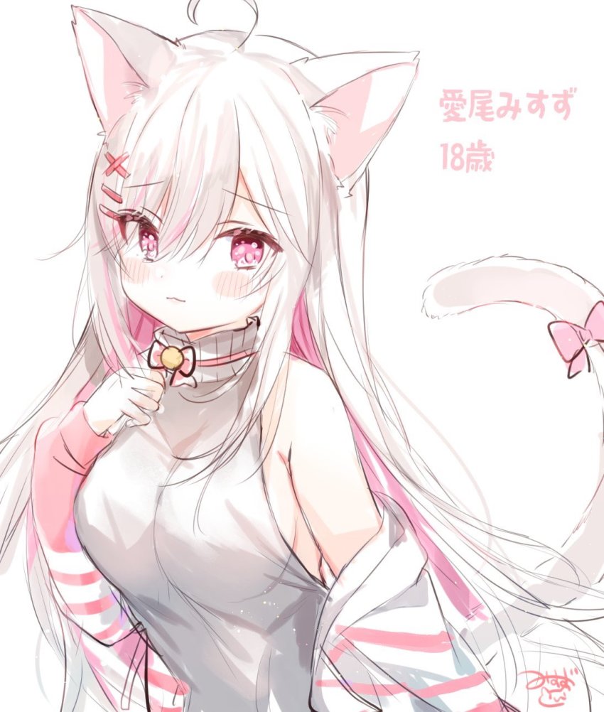 1girl, ahoge, animal_ear_fluff, animal_ears, bad_id, bad_pixiv_id, bare_shoulders, blush_stickers