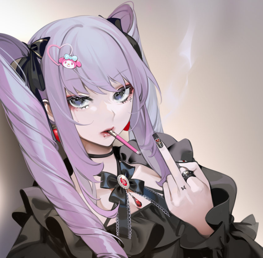 1girl, absurdres, animal_hair_ornament, black_bow, black_choker, black_dress, black_nails, black_neckwear, black_ribbon, blue_eyes, bow, brooch, brown_background, choker, cigarette, cross, cross_print, crying, dress, drill_hair, drill_hair_girl_(ohisashiburi), earrings, eyelashes, facial_mark, fingernails, food-themed_earrings, food_themed_earrings, frilled_dress, frills, gem, gothic_lolita, hair_ornament, hair_ribbon, hairclip, hand_tattoo, heart, heart_hair_ornament, heart_print, highres, jewelry, kusuri_nemui, lips, lipstick, lolita_fashion, long_hair, long_sleeves, looking_at_viewer, makeup, mascara, middle_finger, mouth_hold, my_melody, my_melody_(series), nail_art, nail_polish, ohisashiburi, original, parted_lips, pink_hair, purple_eyes, purple_hair, ribbon, ring, sanrio, sidelocks, simple_background, smoke, smoking, solo, strawberry_earrings, streaming_tears, tattoo, tears, twin_drills, twintails, upper_body, yami_kawaii