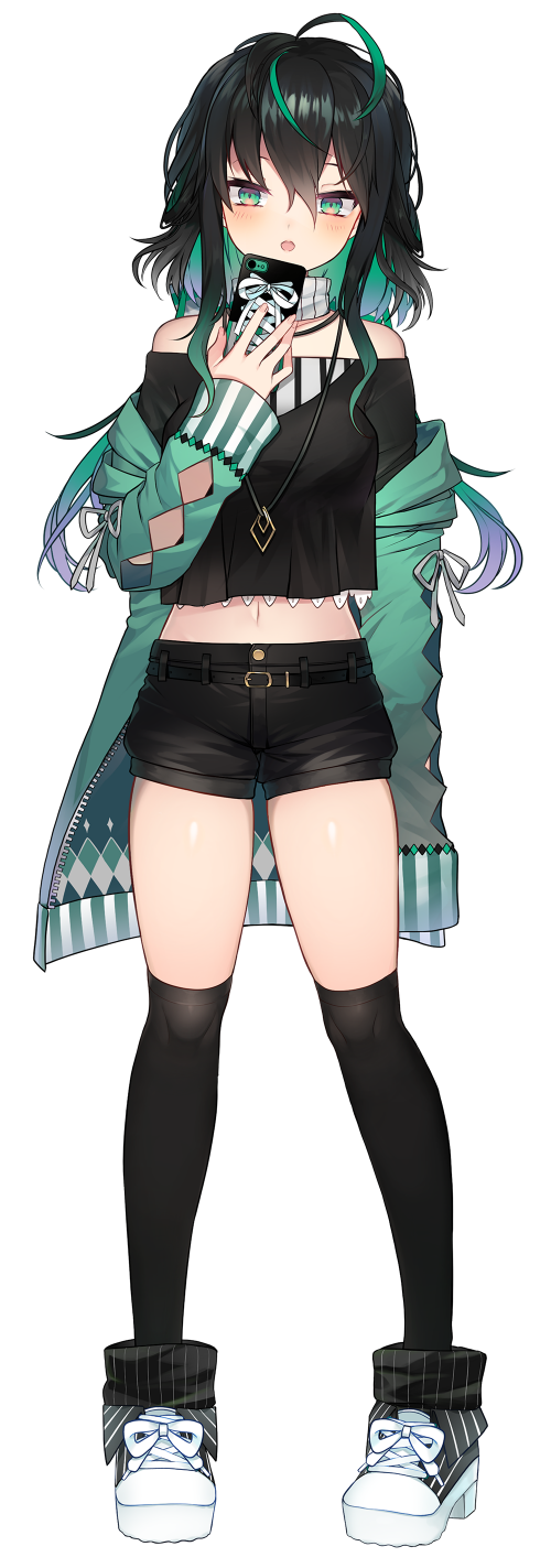 1girl, :o, antenna_hair, belt, black_hair, black_shirt, black_shorts, black_thighhighs