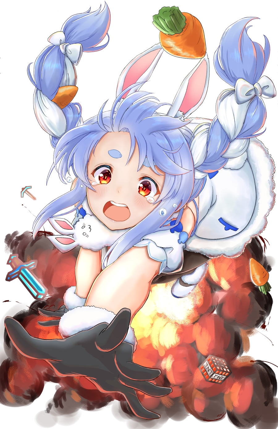 1girl, animal_ear_fluff, animal_ears, blue_hair, blush, braid, breasts, carrot_hair_ornament