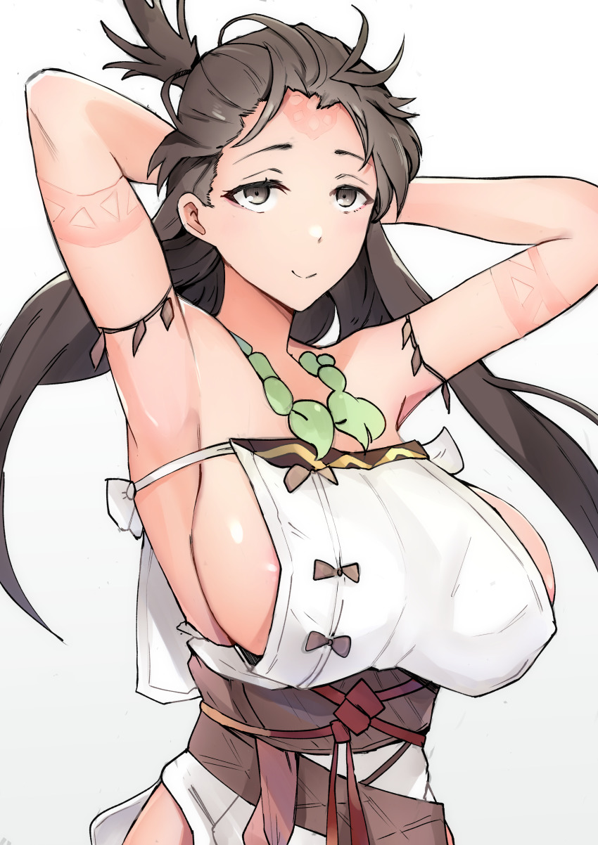1girl, absurdres, armpits, arms_behind_head, arms_up, bare_shoulders, body_markings, breasts