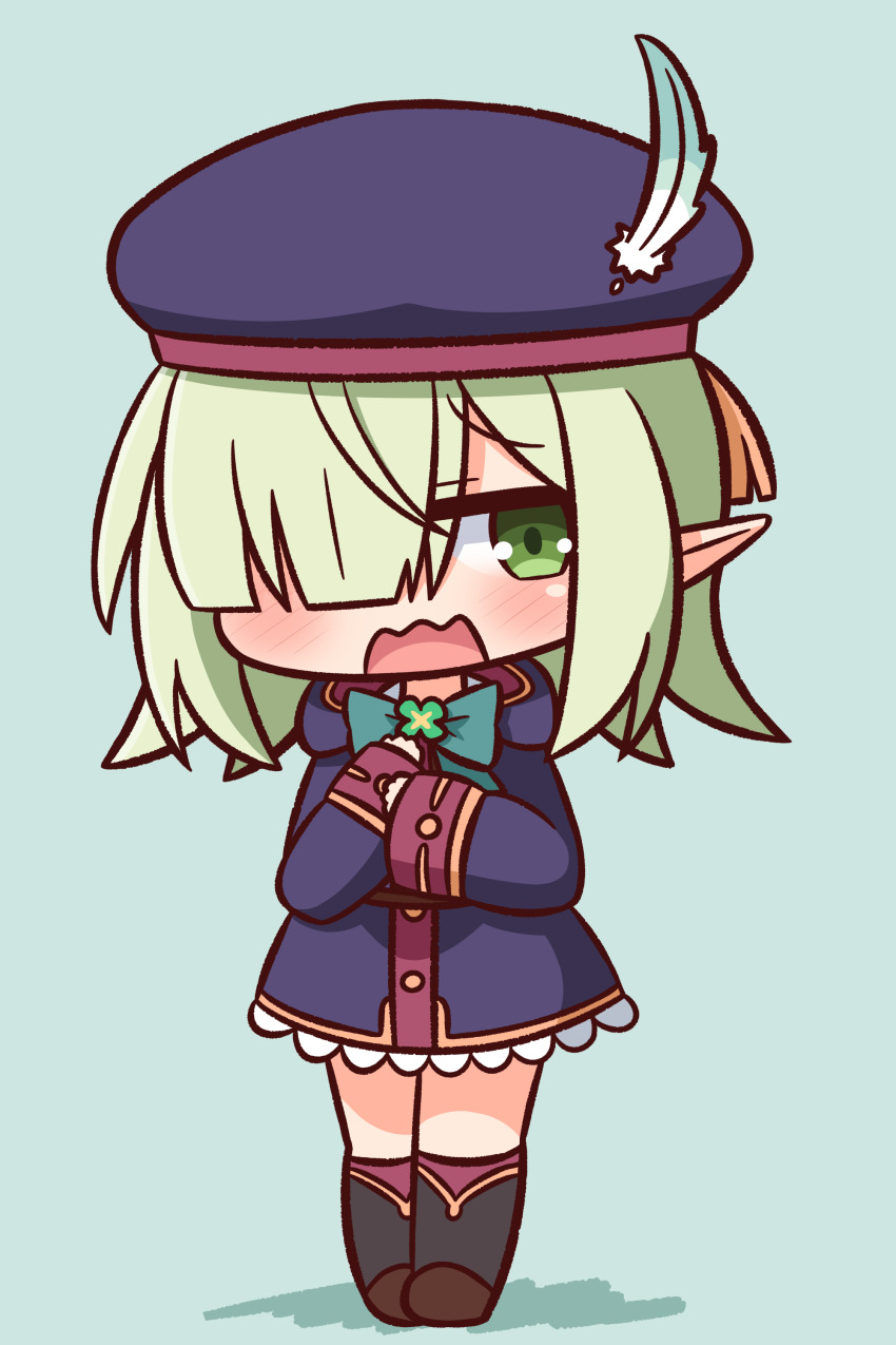 1girl, absurdres, aoi_(princess_connect!), aoi_(transfer_student)_(princess_connect!), beret, black_boots, blue_background, blue_bow