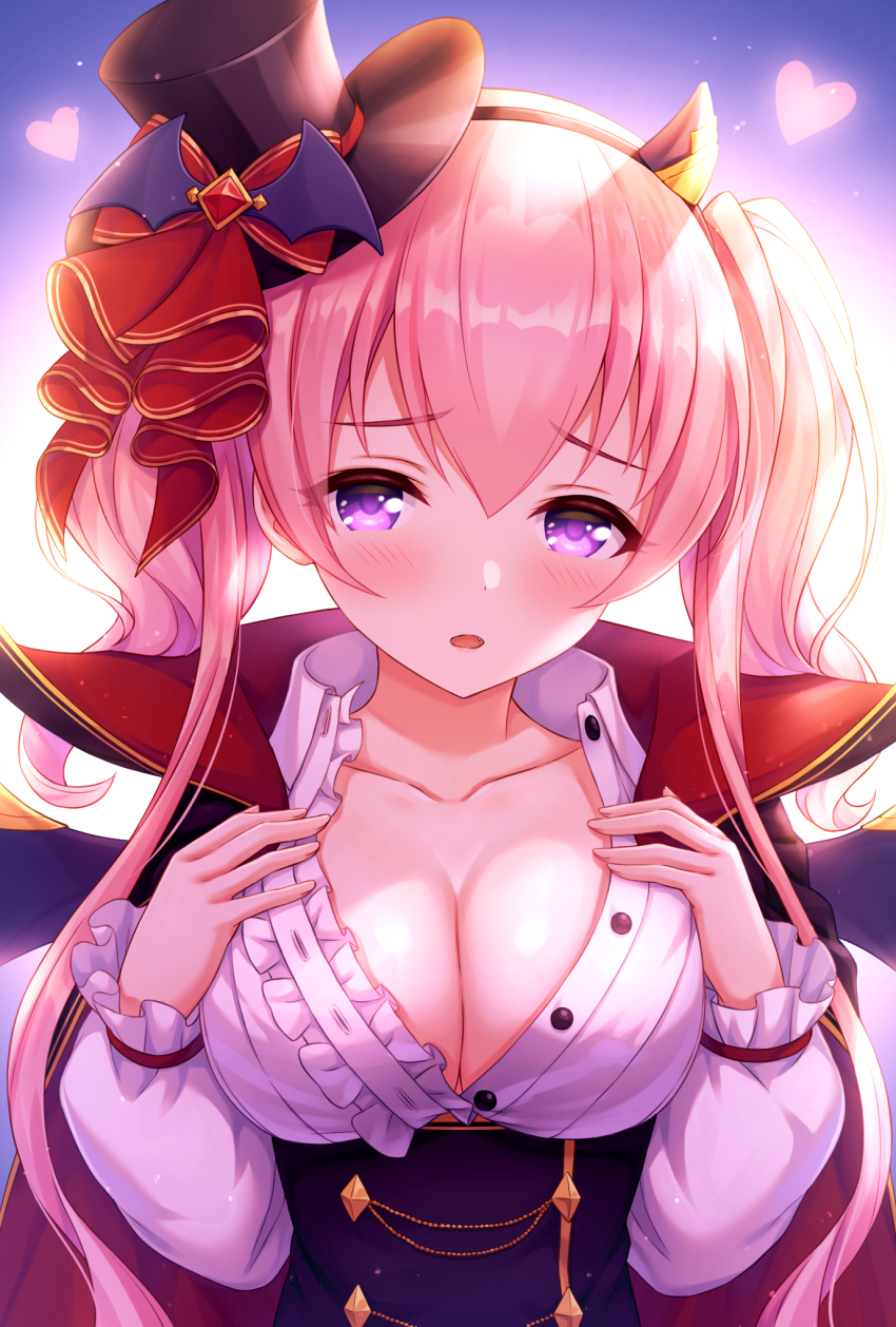 1girl, backlighting, black_cape, black_headwear, blush, breasts, buttons, cape, center_frills, cleavage, collarbone, demon_horns, frills, hairband, hat, heart, highres, horns, large_breasts, long_hair, long_sleeves, looking_at_viewer, open_mouth, pink_hair, popped_collar, princess_connect!, purple_eyes, shirt, solo, tomo_(tmtm_mf_mf), tsumugi_(halloween)_(princess_connect!), tsumugi_(princess_connect!), twintails, very_long_hair, white_shirt