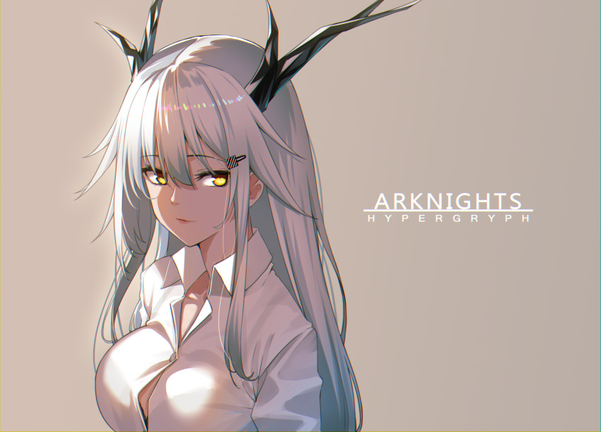 1girl, arknights, bishi_(bishi), breasts, commentary_request, copyright_name, grey_background, highres