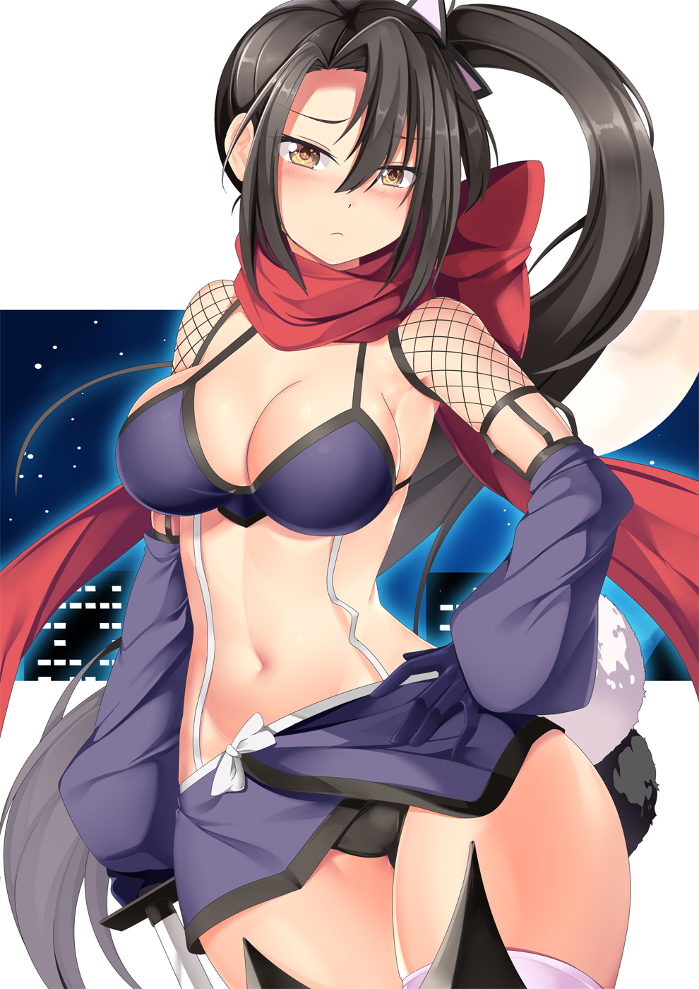 1girl, black_hair, blush, breasts, brown_eyes, cleavage, commentary_request, cosplay, fishnets, gloves, hair_between_eyes, hair_ornament, hand_on_own_hip, highres, holding, holding_weapon, kantai_collection, katana, large_breasts, long_hair, looking_at_viewer, mahou_shoujo_ikusei_keikaku, nachi_(kancolle), navel, night, ninja, pink_thighhighs, red_scarf, ripple_(mahoiku), scarf, shuriken_hair_ornament, side_ponytail, sky, solo, sword, thighhighs, weapon, yasume_yukito