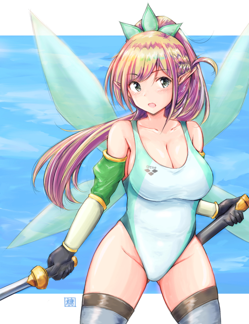 1girl, absurdres, bad_id, bad_pixiv_id, bare_shoulders, black_gloves, black_thighhighs, blush, braid, breasts, cleavage, collarbone, commentary_request, competition_swimsuit, cosplay, cowboy_shot, elf, fairy_wings, gloves, gluteal_fold, green_thighhighs, groin, high_ponytail, highleg, highres, holding, holding_sheath, holding_sword, holding_weapon, kanojo_okarishimasu, large_breasts, leafa_(cosplay), leafa_(sao), light_brown_hair, long_hair, looking_at_viewer, mizuhara_chizuru, one-piece_swimsuit, open_mouth, pointy_ears, ponytail, sheath, solo, swimsuit, sword, sword_art_online, thighhighs, thighs, tong_shui, twin_braids, unsheathed, weapon, white_one-piece_swimsuit, wings