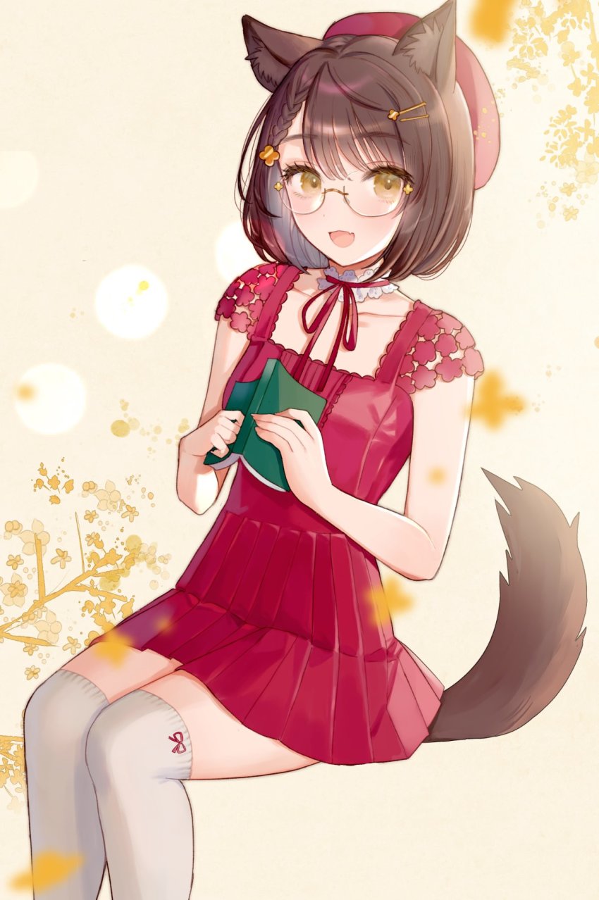 1girl, :d, animal_ear_fluff, animal_ears, bare_arms, beret, blurry, bob_cut