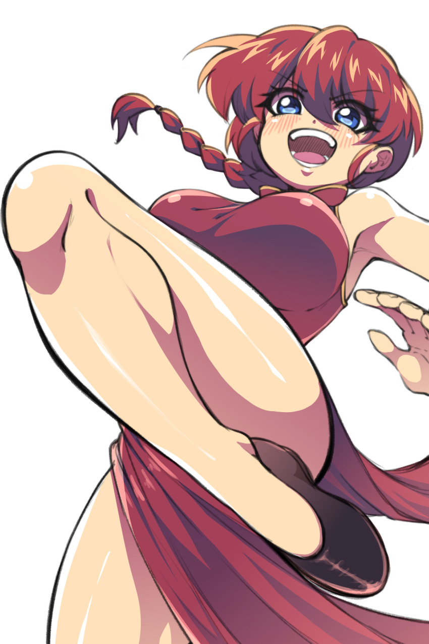 1girl, ass, bare_legs, blue_eyes, blush, braid, breasts, china_dress