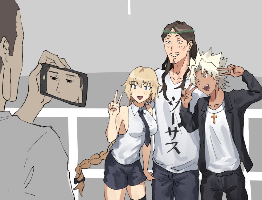 1girl, 3boys, amakusa_shirou_(fate), black_neckwear, blonde_hair, braid, buddha_(saint_onii-san), cellphone, cross, cross_necklace, crossover, dark-skinned_male, dark_skin, double_v, facial_hair, fate/apocrypha, fate_(series), highres, jeanne_d'arc_(fate), jeanne_d'arc_(girl_from_orleans)_(fate), jeanne_d'arc_(ruler)_(fate), jesus_(saint_onii-san), jewelry, laurel_crown, multiple_boys, mustache, necklace, necktie, open_mouth, phone, saint_onii-san, selfie, selfie_prank, shirt, single_braid, skirt, sleeveless, sleeveless_shirt, smartphone, spiked_hair, t-shirt, v, white_hair, white_shirt