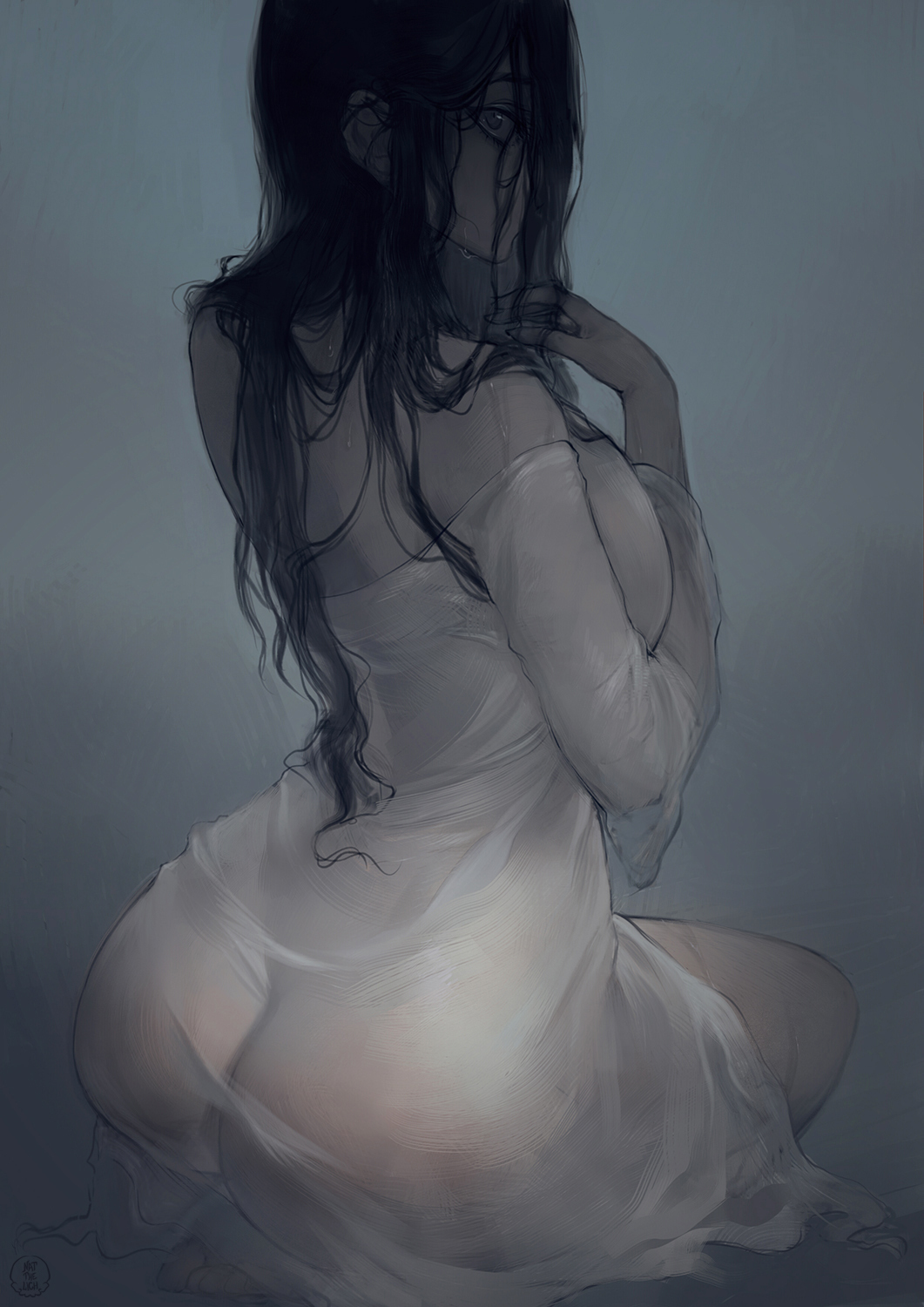 1girl, ass, bare_shoulders, black_hair, breast_press, breasts, commentary, from_behind, grey_background, hair_over_one_eye, highres, large_breasts, long_hair, looking_at_viewer, looking_back, nat_the_lich, no_panties, sitting, solo, the_ring, yamamura_sadako