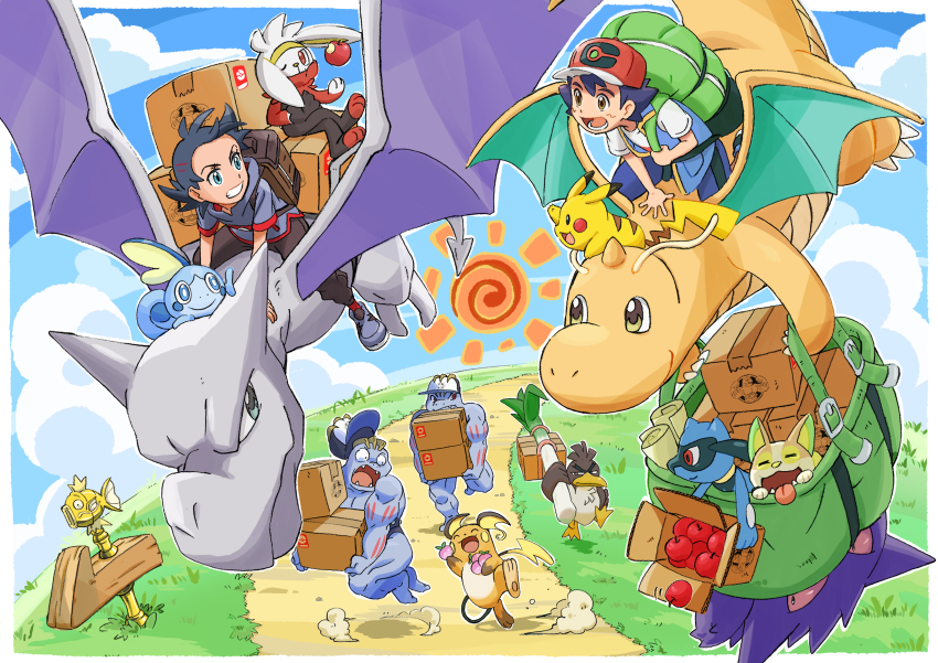 2boys, absurdres, aerodactyl, apple, ash_ketchum, backpack, bag, baseball_cap