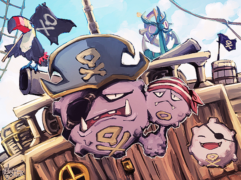 bad_id, bad_pixiv_id, bandana, barrel, clothed_pokemon, cloud, day, dhelmise, eyepatch, fangs, flag, gen_1_pokemon, gen_7_pokemon, hat, koffing, levitate_(pokemon), nintendo, no_humans, one_eye_closed, outdoors, pirate_hat, pokemon, pokemon_(creature), pokemon_ability, ship, sky, toucannon, watercraft, weezing, yottur