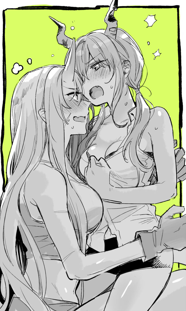 2girls, arknights, bare_shoulders, blush, ch'en_(arknights), dragon_horns, gloves, hair_between_eyes