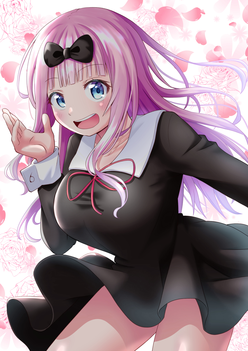 1girl, absurdres, black_dress, blue_eyes, blunt_bangs, blush, bow, breasts