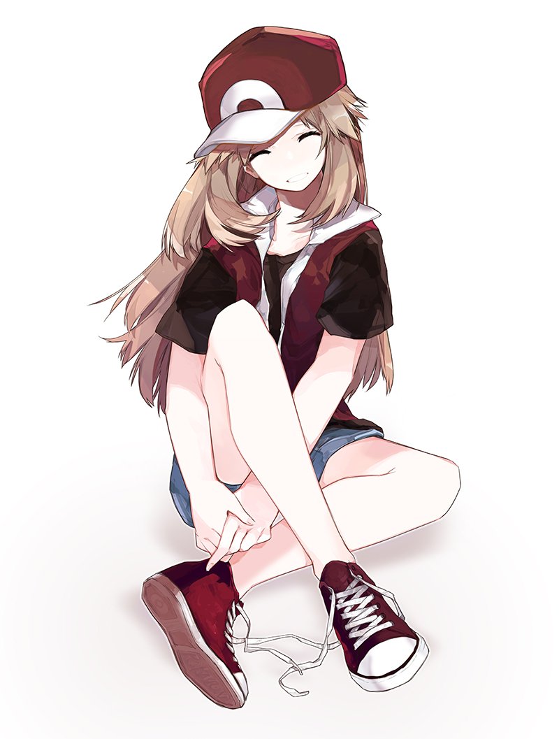 1girl, baseball_cap, brown_hair, closed_eyes, cosplay, crossed_legs, eyelashes, fingernails, full_body, hat, jacket, leaf_(pokemon), lillin, long_hair, nintendo, own_hands_together, pokemon, pokemon_firered_and_leafgreen, red_(pokemon), red_(pokemon)_(cosplay), shoes, short_sleeves, shorts, smile, solo