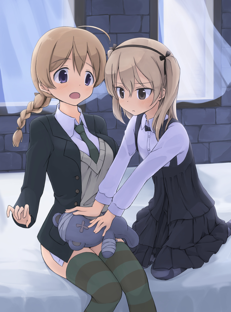 2girls, :t, ahoge, bandages, bed, black_jacket, black_legwear, black_neckwear