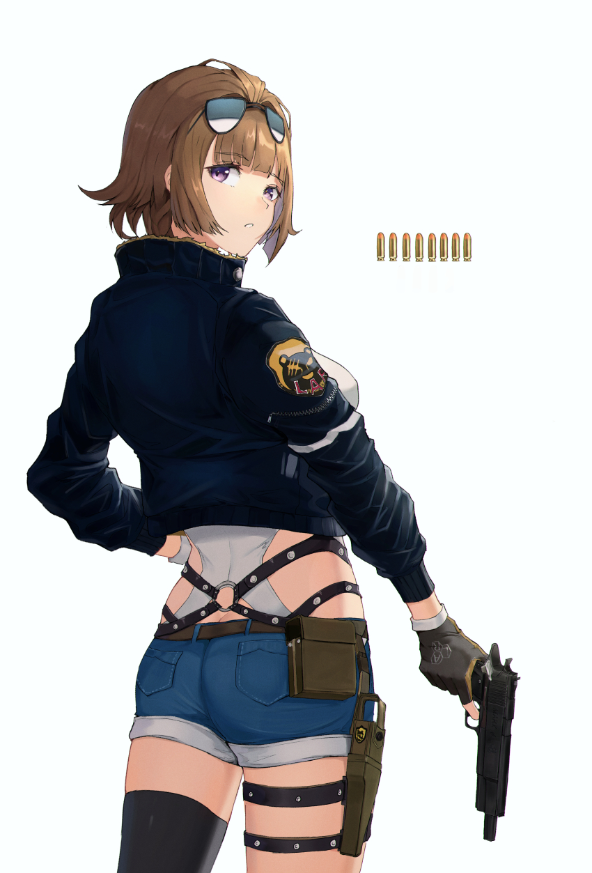 .50_action-express, 1girl, absurdres, action_arms, ammunition, back, black_thighhighs, blue_jacket