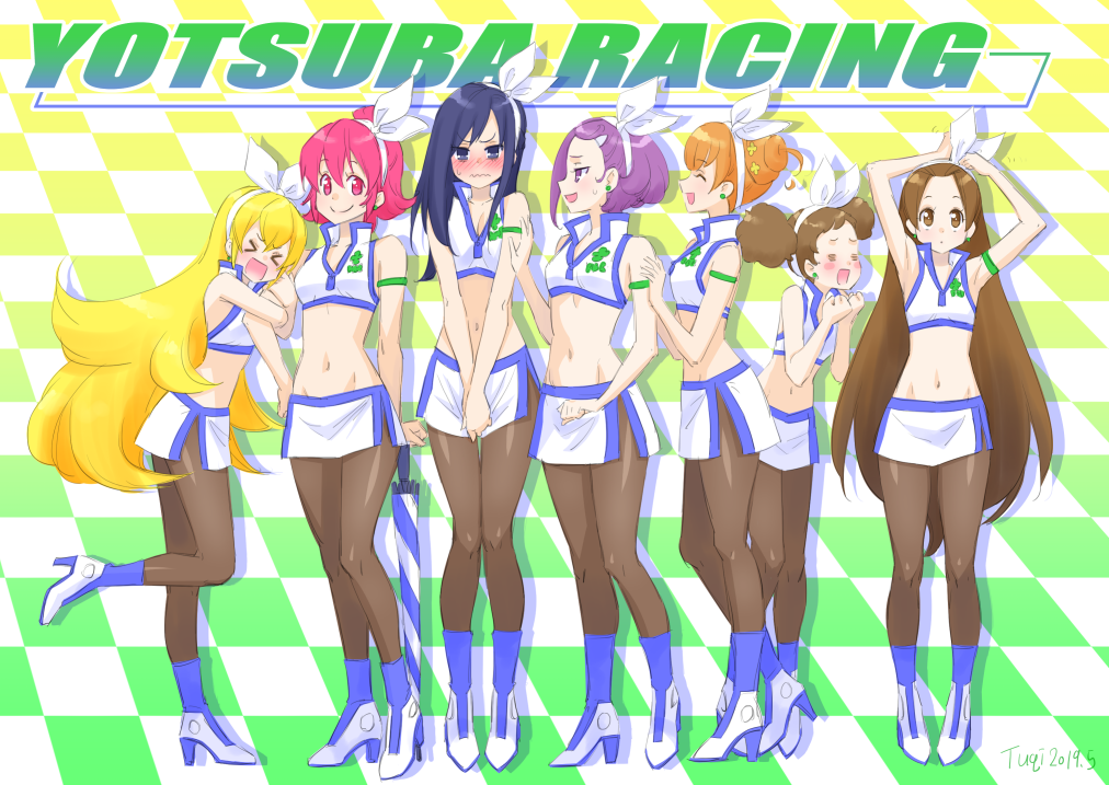 >_<, 6+girls, :d, aida_mana, arm_grab, armlet, armpits, arms_up