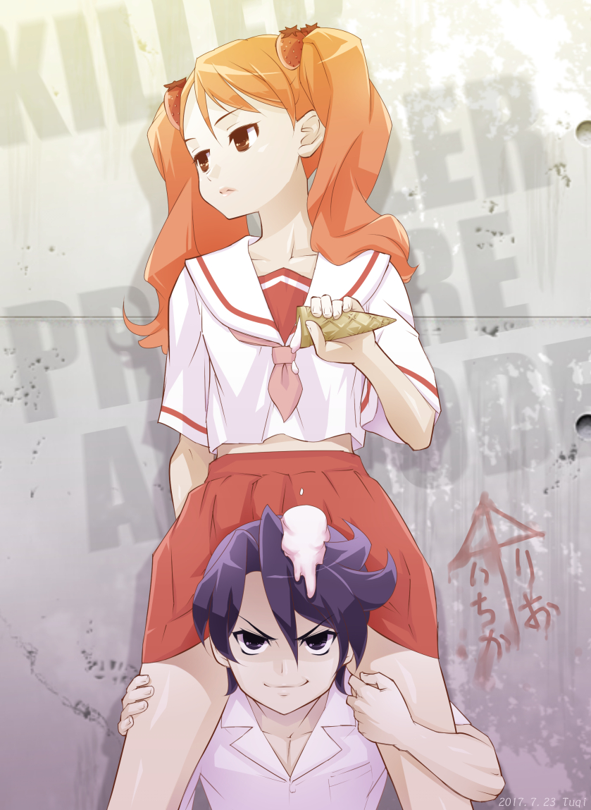 1boy, 1girl, black_eyes, black_hair, black_skirt, brown_eyes, closed_mouth, collarbone, dress_shirt, food, hair_between_eyes, ice_cream, kirakira_precure_a_la_mode, kuroki_rio, long_hair, looking_at_viewer, miniskirt, orange_hair, pink_neckwear, pleated_skirt, precure, sailor_collar, school_uniform, serafuku, shirt, skirt, smile, tuqi_pix, twintails, usami_ichika, v-shaped_eyebrows, white_sailor_collar, white_shirt