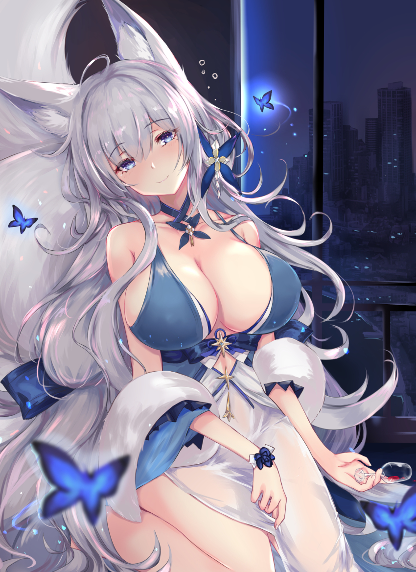 1girl, ahoge, animal_ear_fluff, animal_ears, azur_lane, bare_shoulders, blue_butterfly, blue_dress