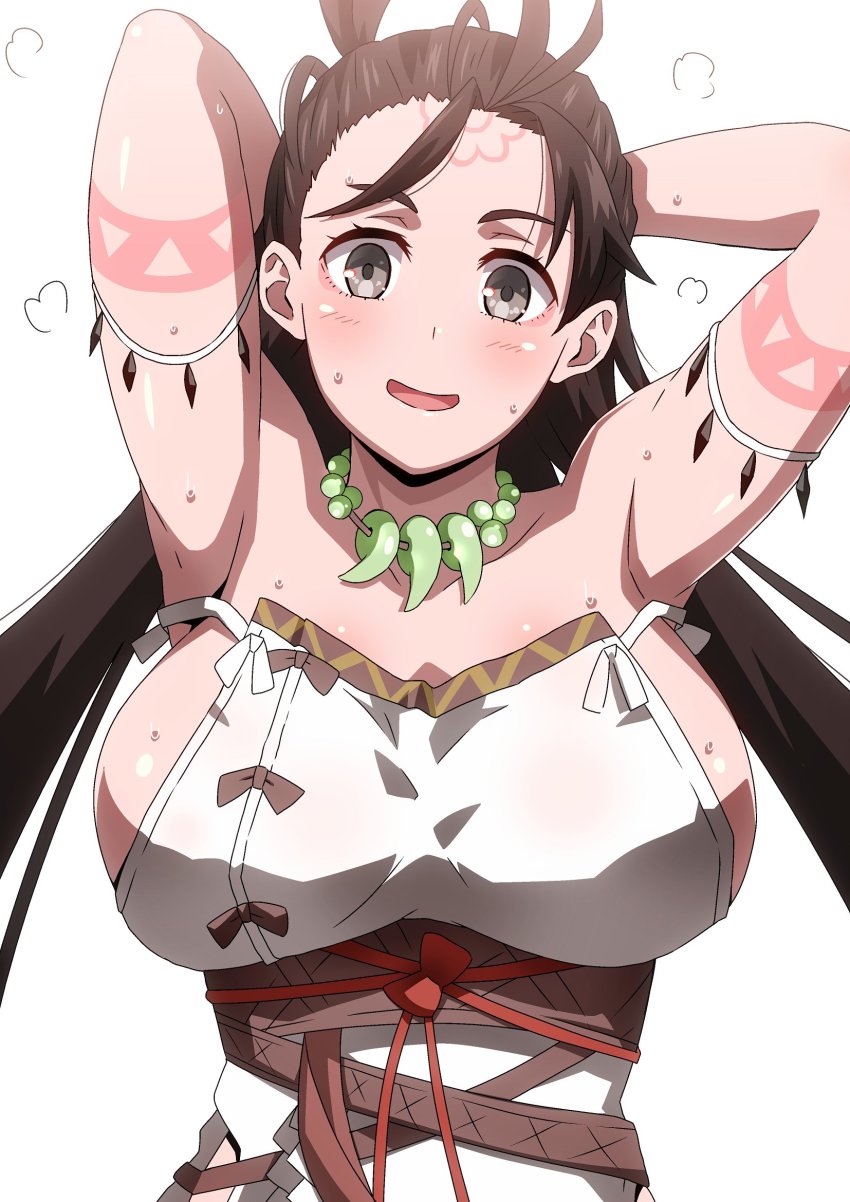 1girl, armpits, arms_behind_head, arms_up, bare_shoulders, blush, body_markings, breasts, brown_eyes, brown_hair, dress, facial_mark, fate/grand_order, fate_(series), flower_facial_mark, flower_symbol, forehead, forehead_mark, hara_(harayutaka), highres, himiko_(fate), himiko_(first_ascension)_(fate), jewelry, large_breasts, long_hair, looking_at_viewer, magatama, magatama_necklace, necklace, no_bra, open_mouth, sash, sideboob, simple_background, smile, sweat, topknot, twintails, white_background, white_dress