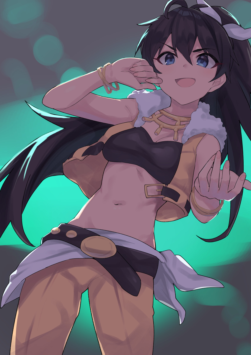 1girl, :d, absurdres, antenna_hair, backlighting, bare_shoulders, belt, beyond_the_vibes, black_belt, black_hair, black_tube_top, blue_eyes, blush, bracelet, breasts, cleavage, commentary_request, cowboy_shot, cropped_vest, fur-trimmed_vest, fur_trim, ganaha_hibiki, green_background, groin, hair_between_eyes, hair_ribbon, hand_up, highres, idolmaster, idolmaster_(classic), jewelry, long_hair, looking_at_viewer, medium_breasts, midriff, navel, necklace, open_clothes, open_mouth, open_vest, pants, ponytail, ribbon, sidelocks, smile, solo, standing, strapless, sutora_binsuke, tube_top, vest, white_ribbon, yellow_pants, yellow_vest