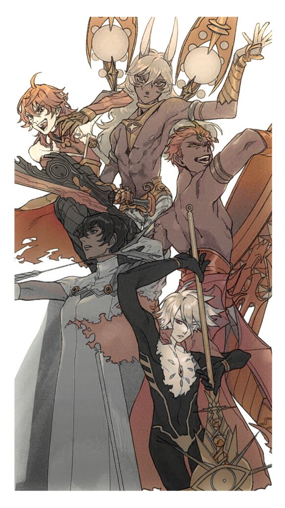 5boys, :d, ahoge, animal_ears, arjuna_(fate), arjuna_alter_(fate), arjuna_alter_(first_ascension)_(fate), armlet