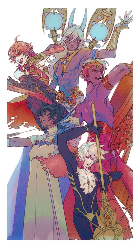 5boys, :d, ahoge, animal_ears, arjuna_(fate), arjuna_alter_(fate), arjuna_alter_(first_ascension)_(fate), armlet