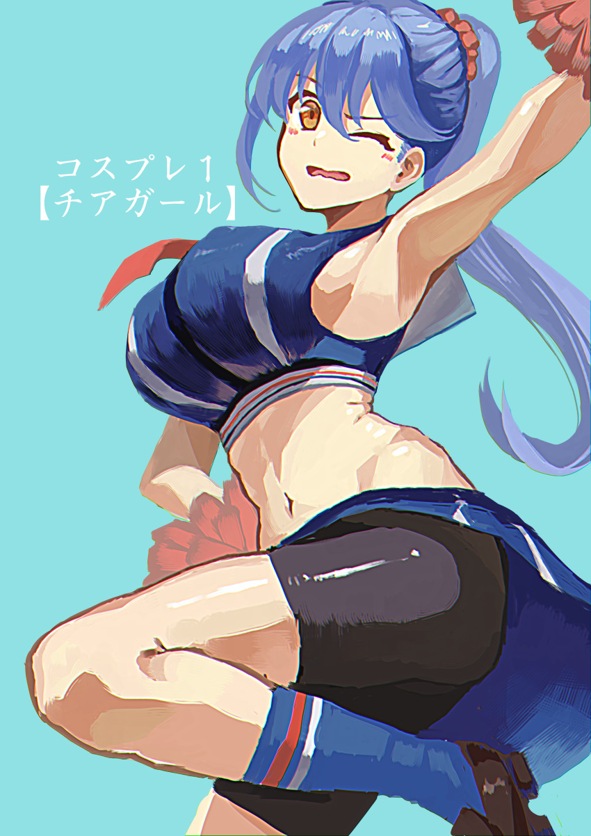 absurdres, alternate_costume, azur_lane, bad_id, bad_pixiv_id, bike_shorts, black_shorts, breasts, cheerleader, crop_top, episenpei, essex_(azur_lane), hair_ornament, highres, holding, holding_pom_poms, large_breasts, looking_at_viewer, miniskirt, one_eye_closed, pom_pom_(cheerleading), pom_poms, ponytail, red_neckwear, shorts, skirt, solo