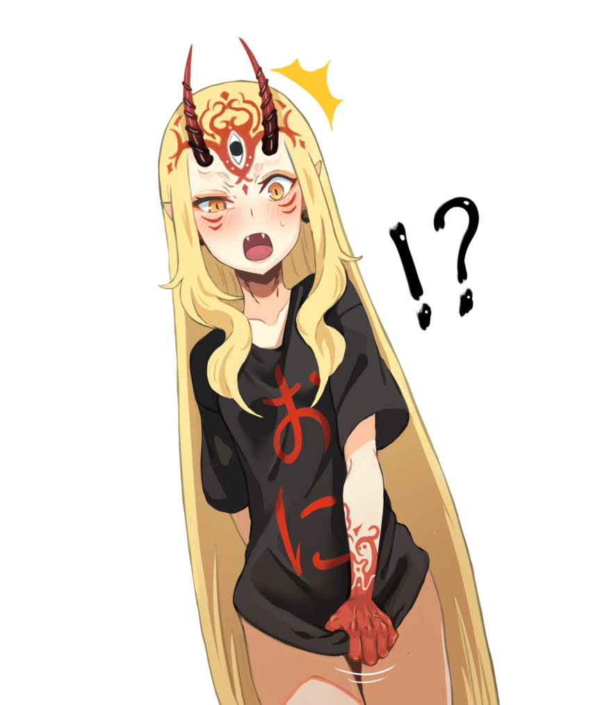 !?, 1girl, ^^^, bare_legs, black_shirt, blonde_hair, blush, clenched_hand, commentary_request, covering_crotch, covering_privates, embarrassed, facial_mark, fangs, fate/grand_order, fate_(series), forehead_mark, highres, horns, ibaraki_douji_(fate), long_hair, looking_at_viewer, no_eyebrows, oni, oni_horns, open_mouth, pointy_ears, shirt, shirt_tug, short_sleeves, simple_background, solo, surprised, sweatdrop, tattoo, translated, veins, white_background, woong.i, yellow_eyes